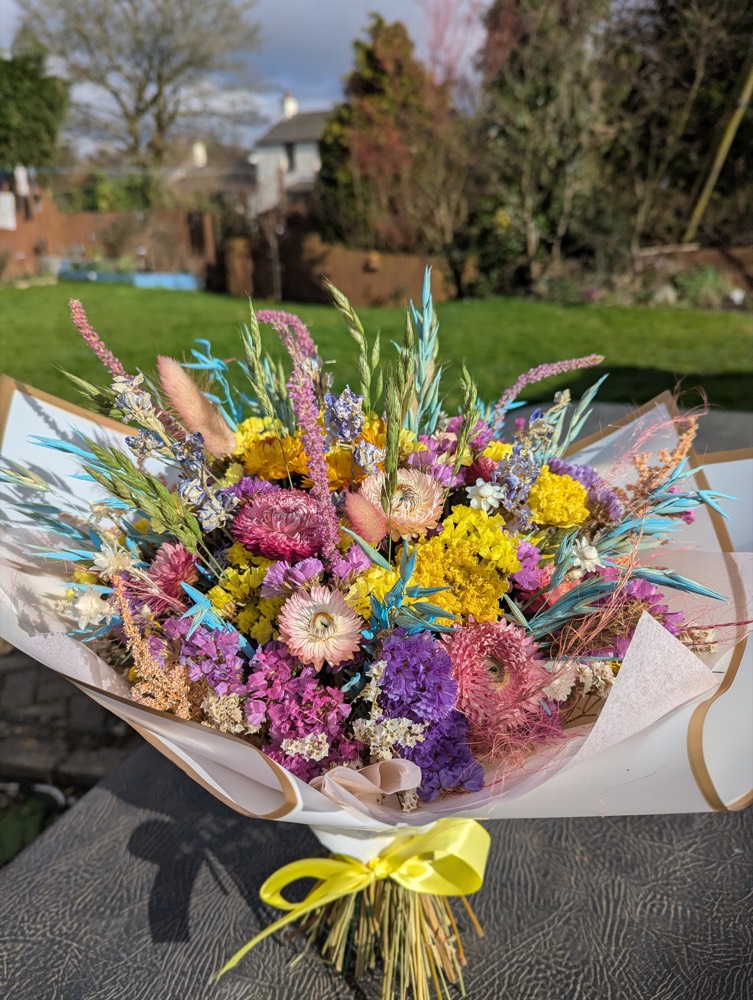 A bright, colourful dried-flower bouquet