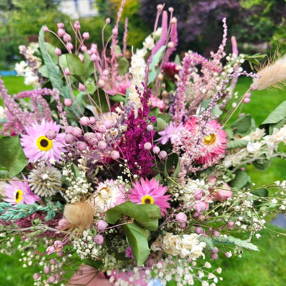 A soft pink dried-flower bouquet