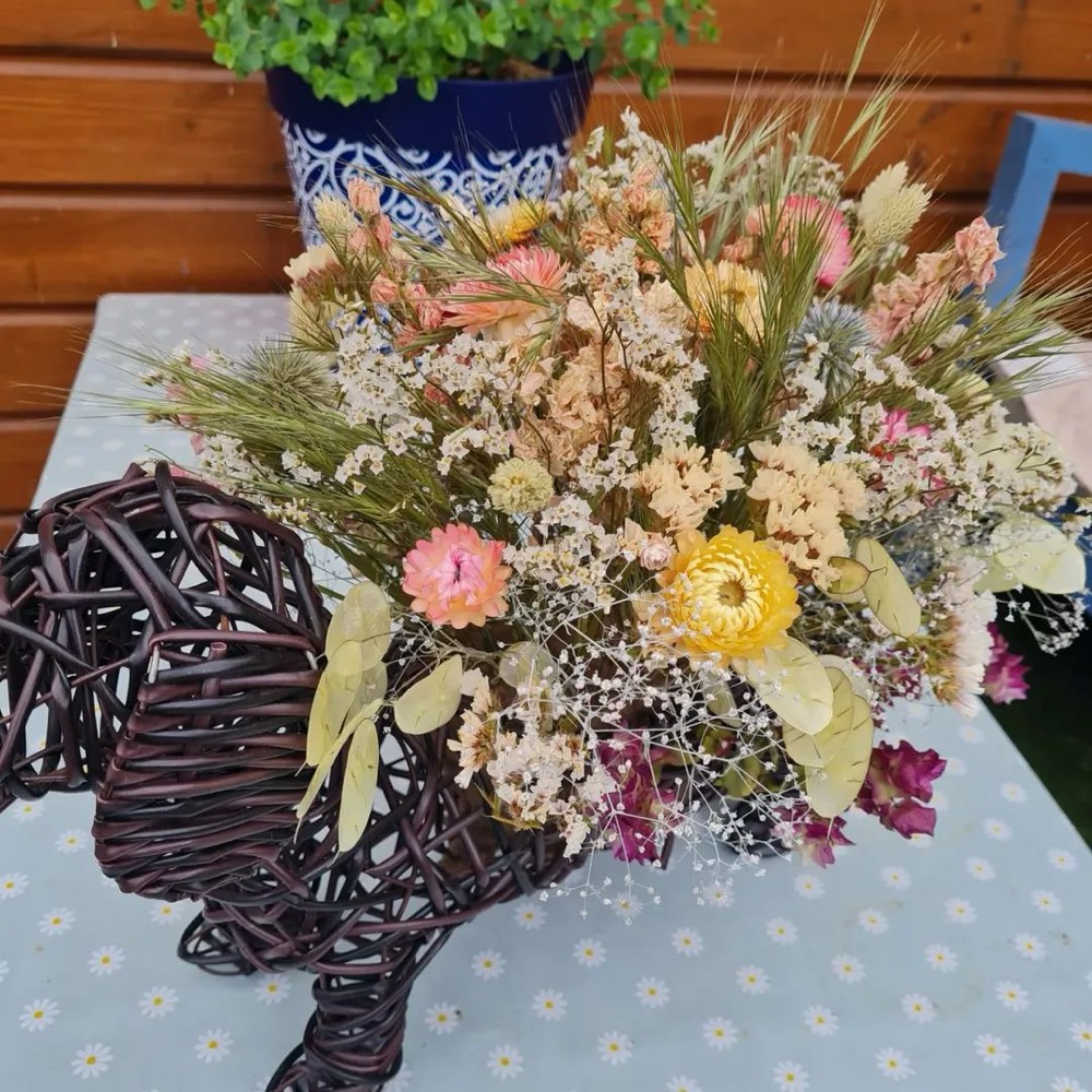 A rustic dried-flower arrangement
